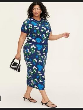 Kate Spade New York Mixed Floral Short Sleeve Crewneck Sweater&Midi Skirt Size3X